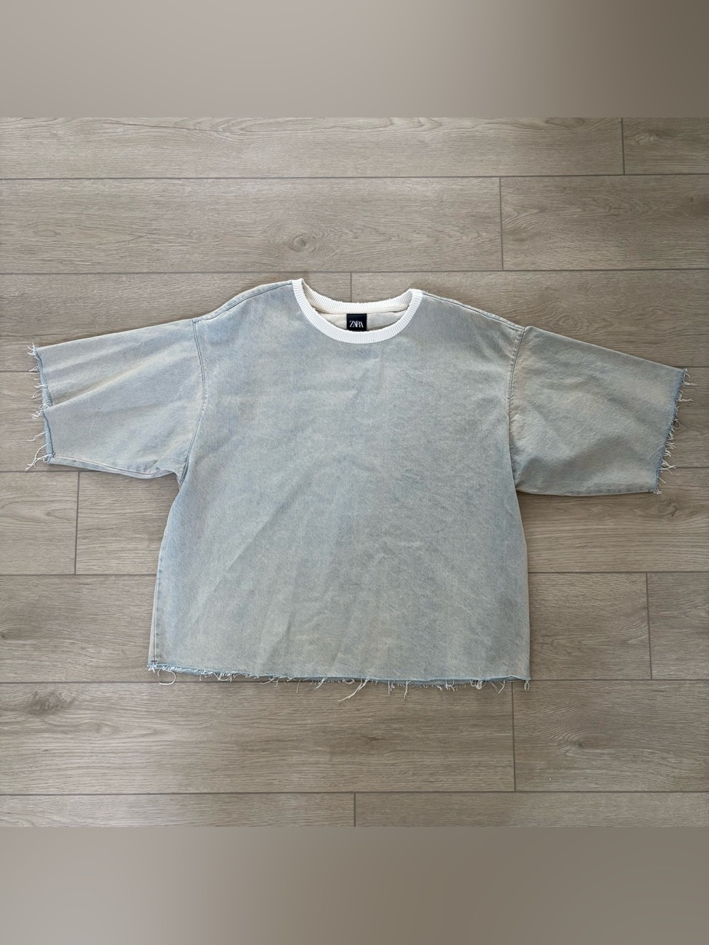 Zara Washed Pale Blue Short Sleeve Tee with White Crew Neck